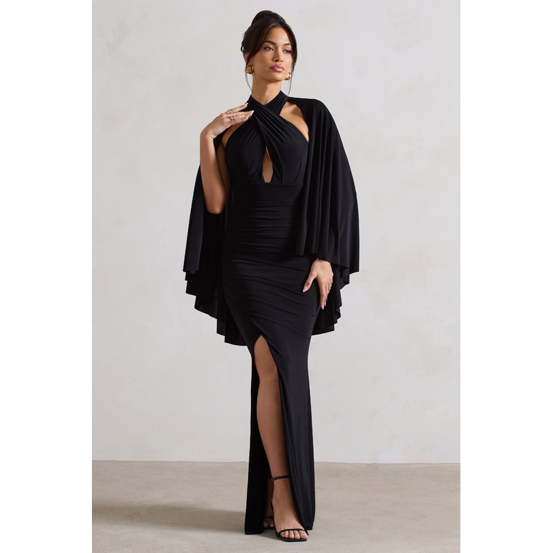 Audrina | Black Ruched Halter-Neck Split Maxi Dress With Cape