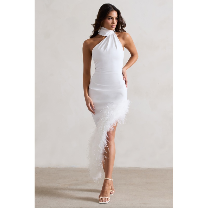 Brilliance | White Asymmetric Maxi Dress With Feather Trim