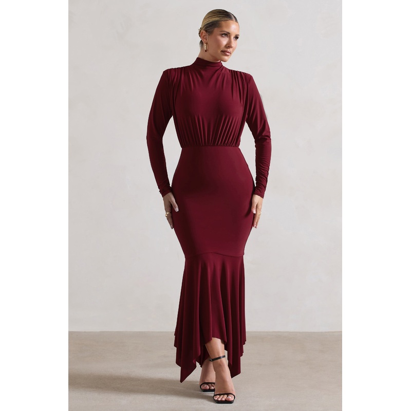 Carla | Berry High-Neck Maxi Dress With Draped Hem