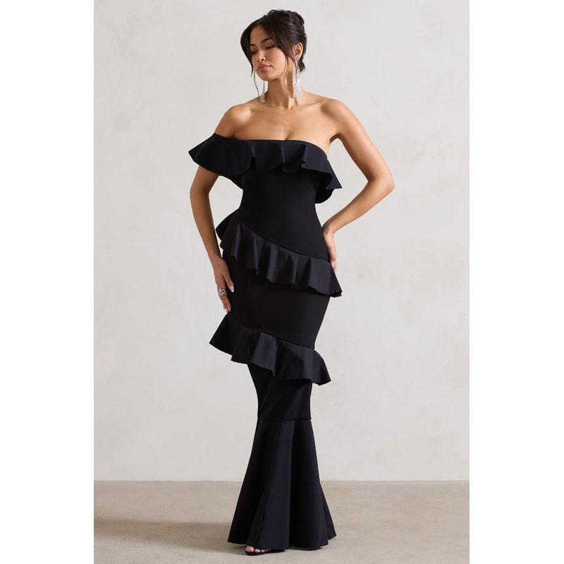 Cinematic | Black Bardot Ruffled Fishtail Maxi Dress