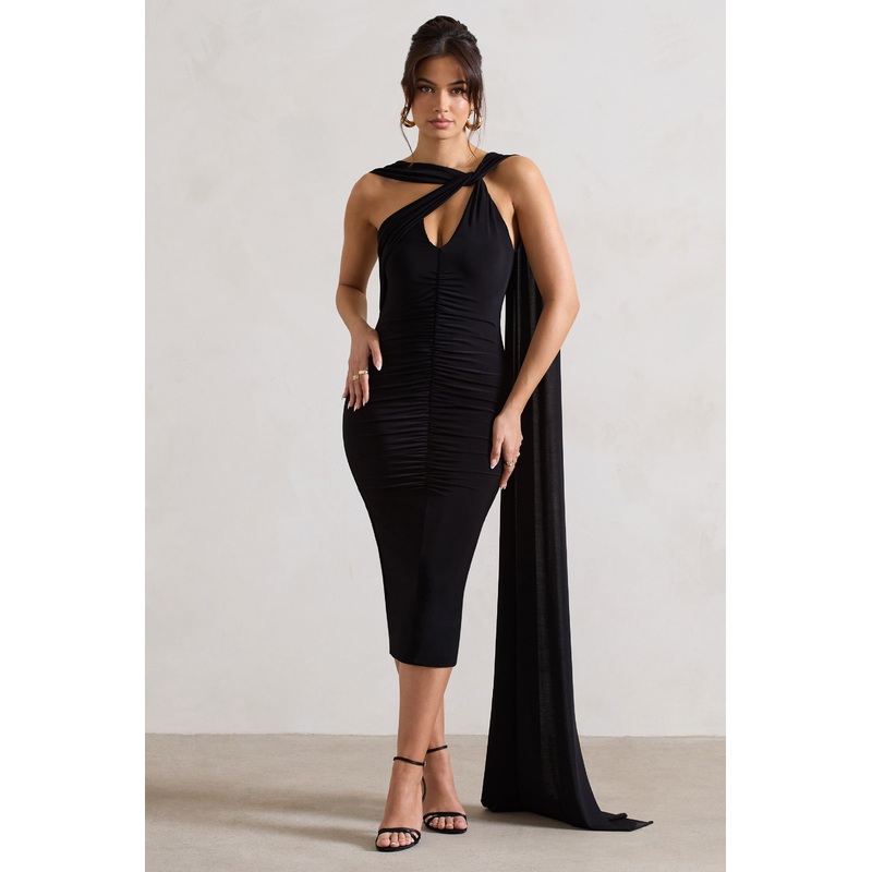 Freedom | Black Strappy Asymmetric Cut-Out Midi Dress With Cape