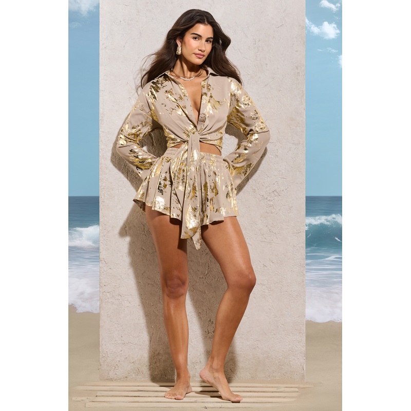From Ashes | Gold Metallic Tie Waist Shorts