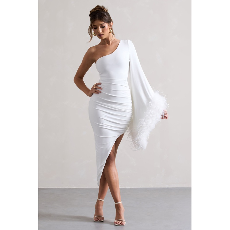 July | White Asymmetric One Shoulder Cape Midi Dress With Feathers