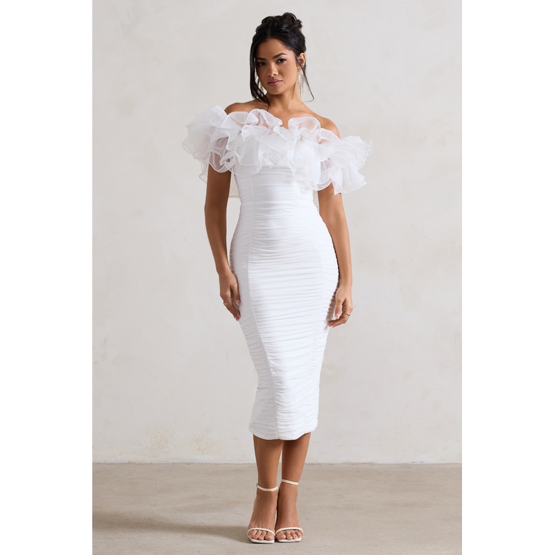 Ladylike | White Ruched Bardot Midi Dress With Organza Trim
