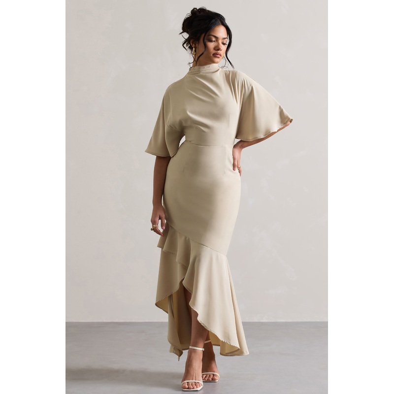 Lavinia | Champagne High-Neck Flutter-Sleeve Asymmetric Maxi Dress
