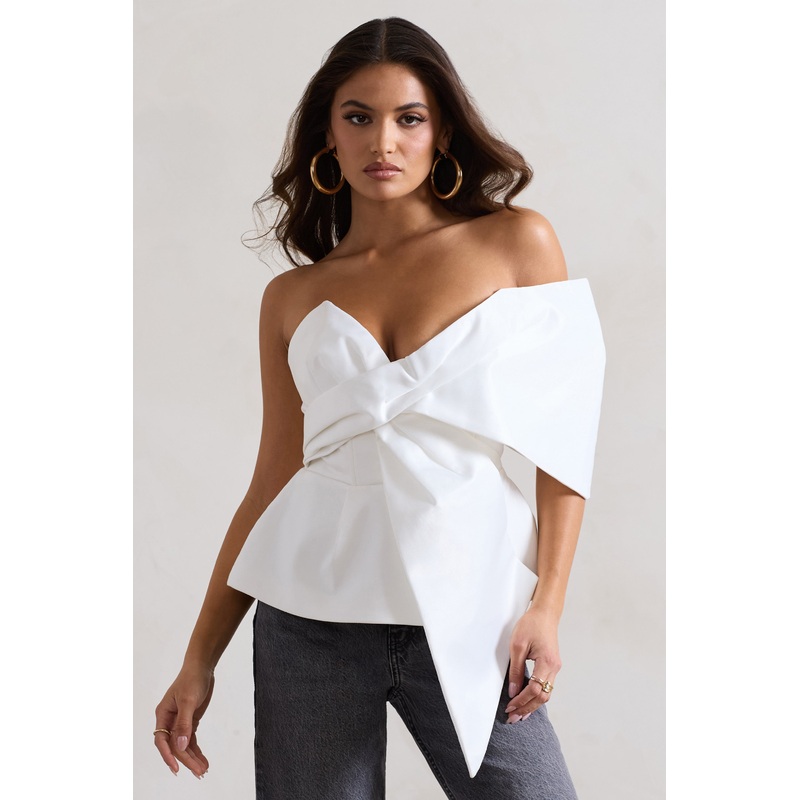 Mayfair | White Asymmetric Bardot Top With Peplum Hem