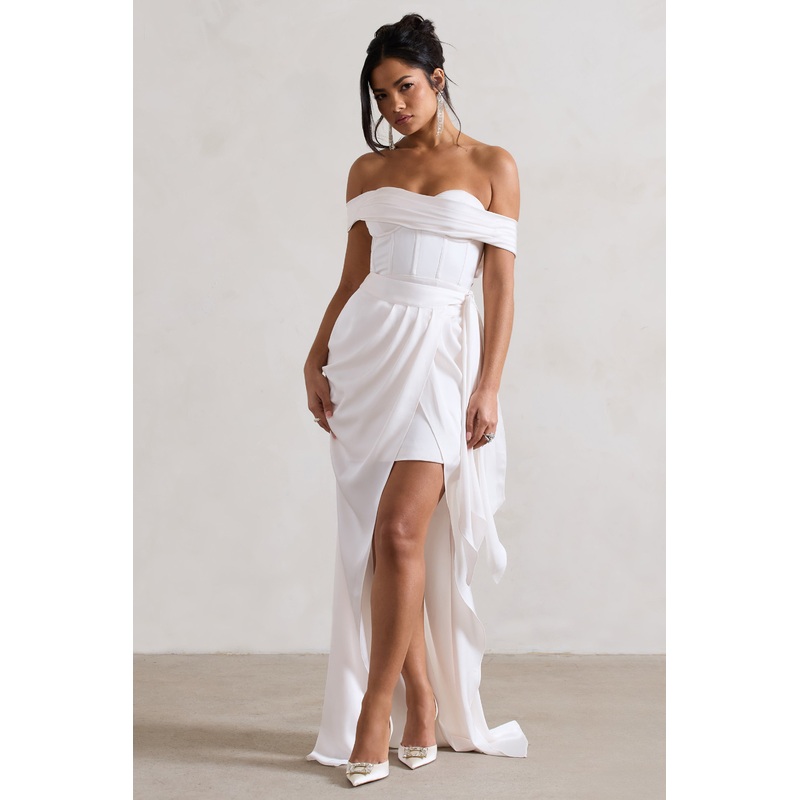Milano | Cream Satin Bardot Maxi Dress With Detachable Skirt