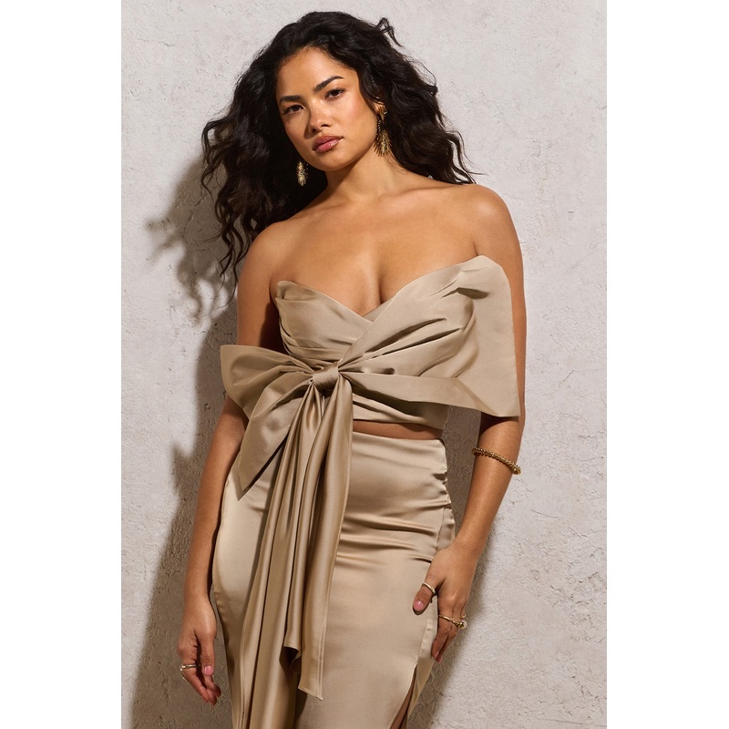 Perfect Gift | Champagne Satin Draped Bow Crop Top
