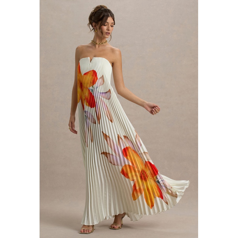 Bergamot | Orange Floral Satin Sweetheart Maxi Dress