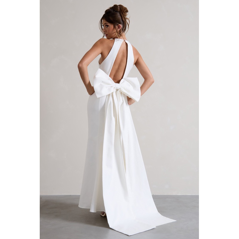 Bestow | White Open-Back Maxi Dress With Oversized White Bow