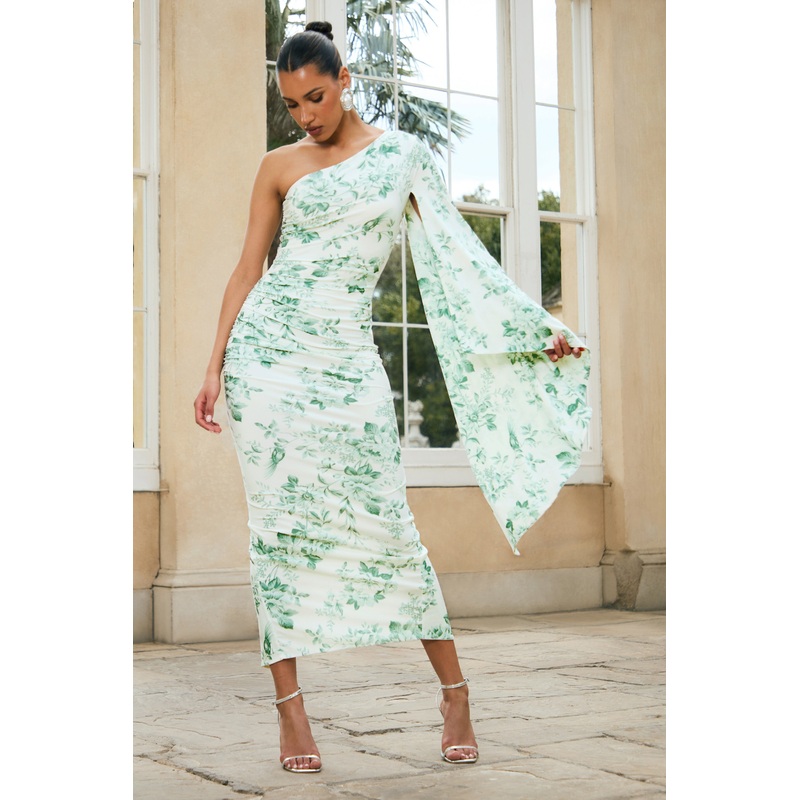 Clementina | Green Floral Print Asymmetric Cape Sleeve Maxi Dress