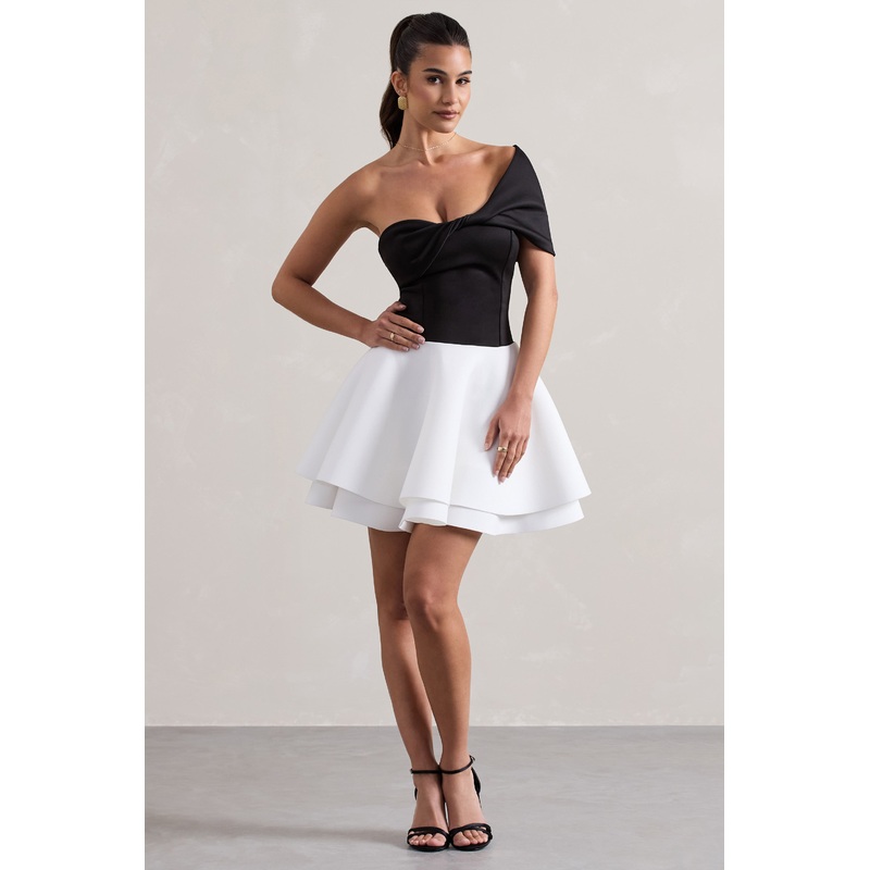 Effie | Black & White Twisted Bardot Skater Mini Dress
