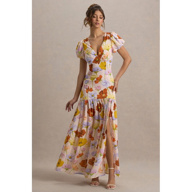 Ginny | Bright Floral Print Puff-Sleeve Split Maxi Dress