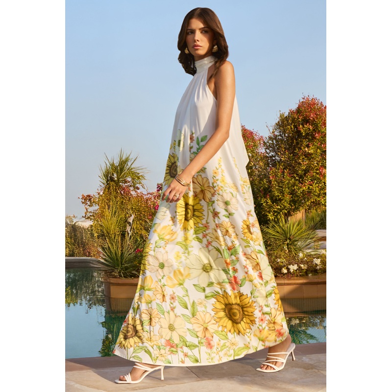 Glide | Sunflower Print Satin High-Neck Slip Maxi Dress