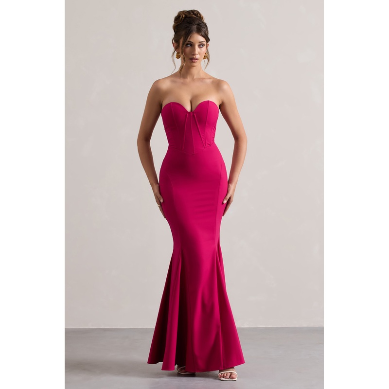 Idyllic | Hot Pink Strapless Corset Style Fishtail Maxi Dress