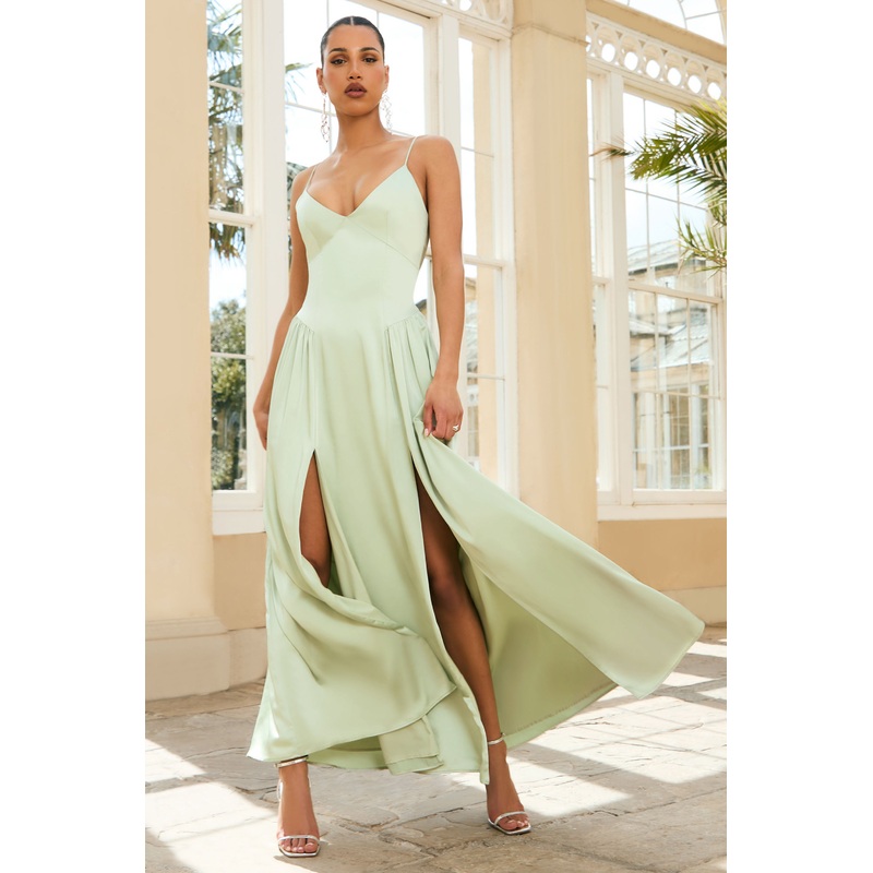 Jonas | Light Green Plunge-Neck Maxi Dress With Cami Straps