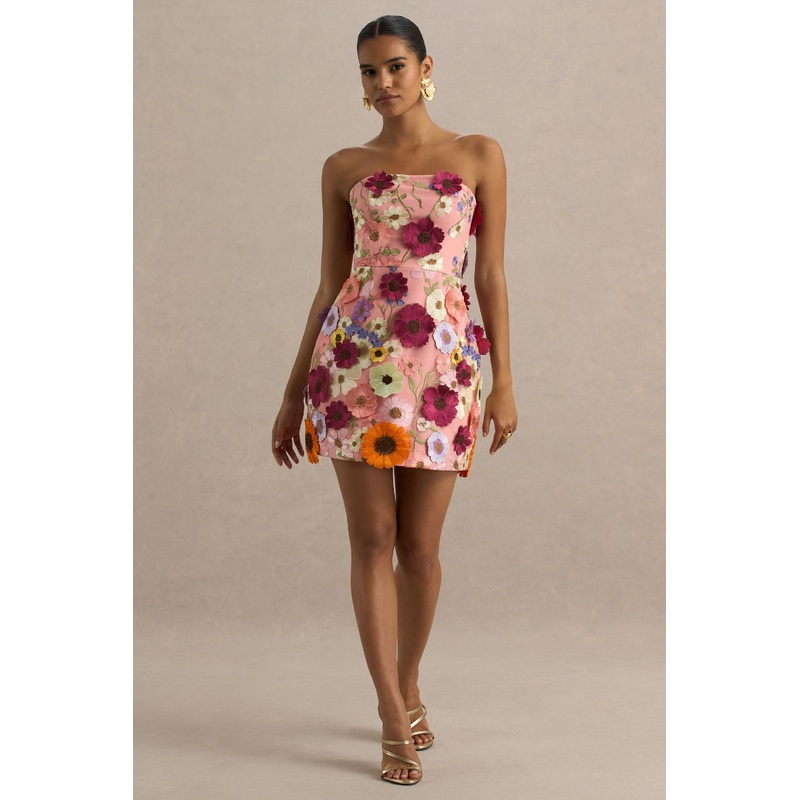 Kristen | Pink Floral Bandeau-Neck Mini Dress