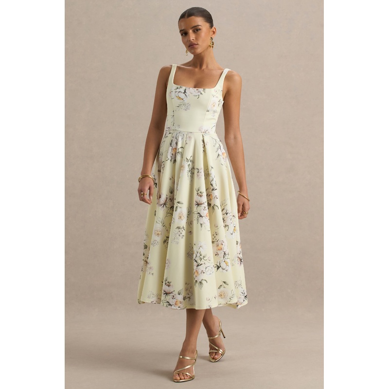 Lissa | Lemon Floral Bouquet Print Square-Neck Midi Dress