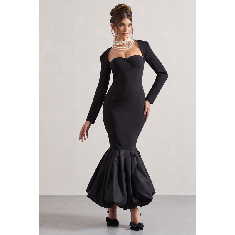 London | Black Sweetheart Maxi Dress With Volume Hem