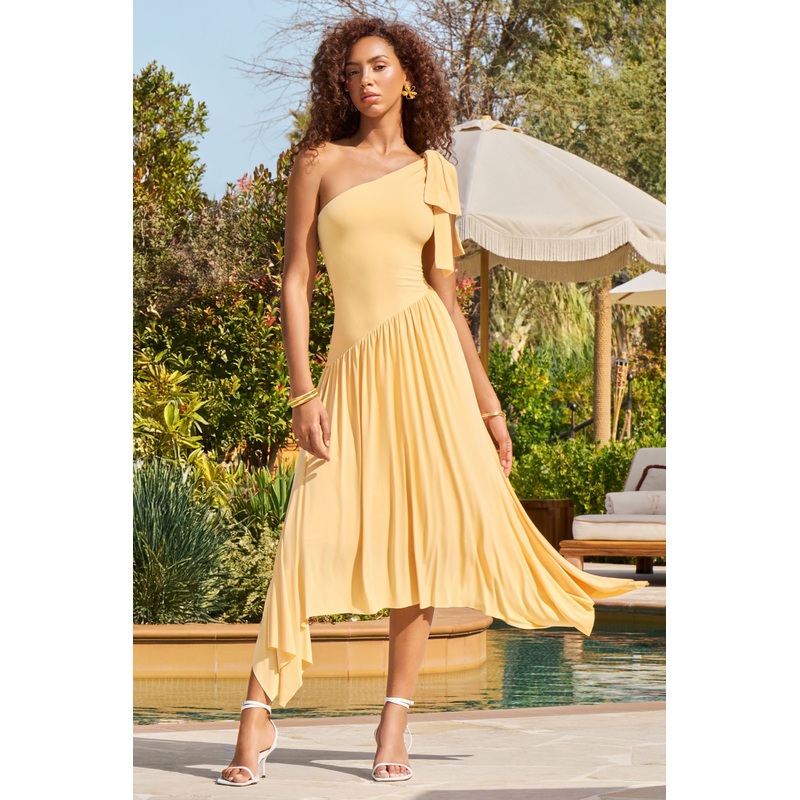 Lotus Love | Orange One-Shoulder Hanky-Hem Maxi Dress With Bow