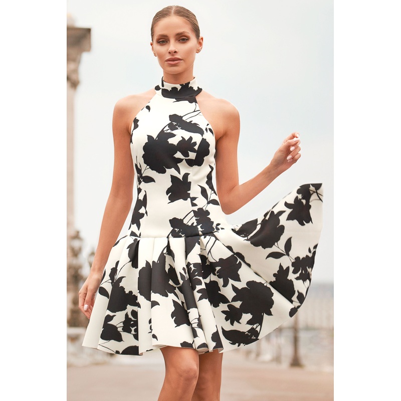 Masterpiece | Cream Floral Print High-Neck Mini Dress With Volume Hem