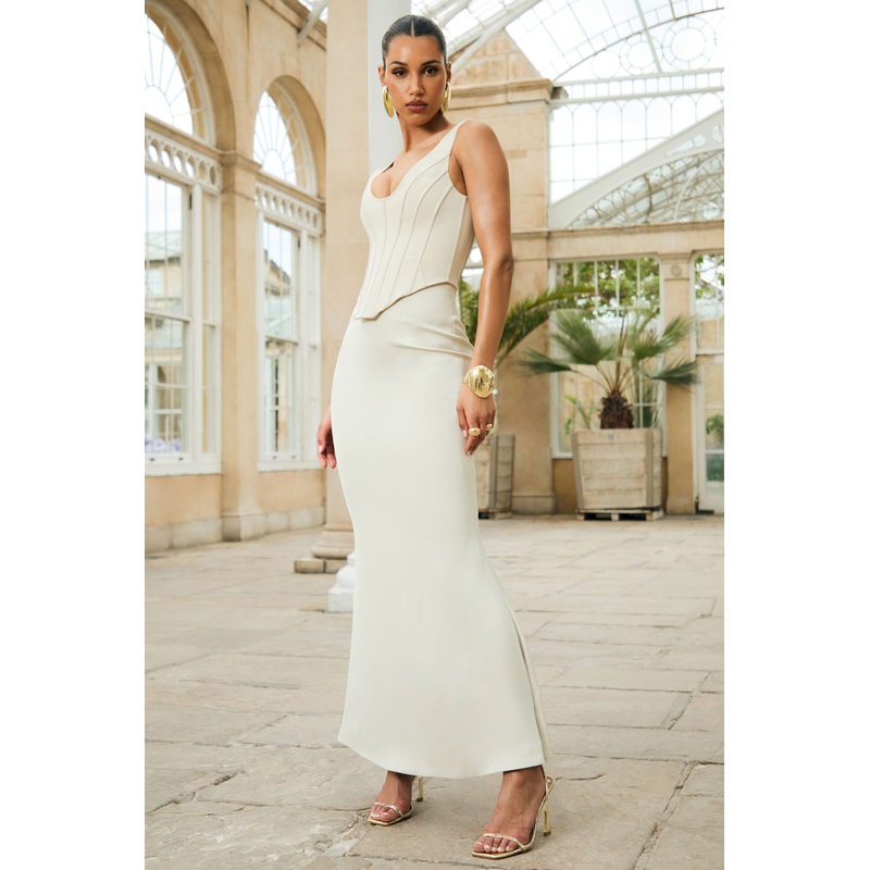 Morgan | Champagne Satin Corset Maxi Dress