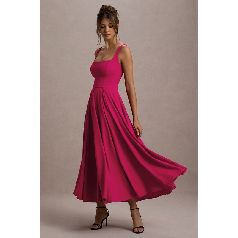 Parina | Hot Pink Strappy Volume-Hem Maxi Dress