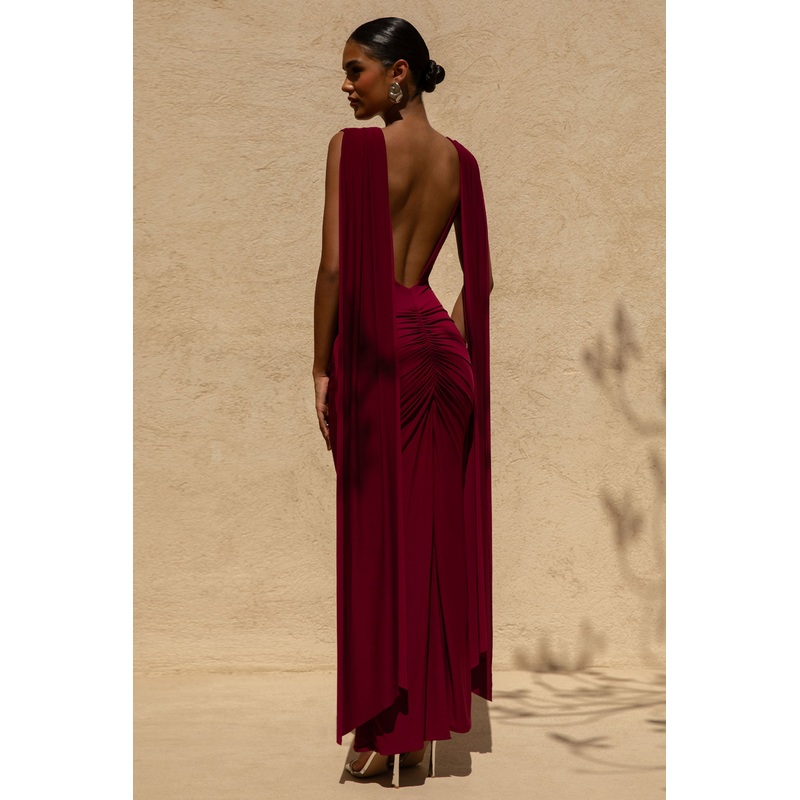 Saige | Burgundy Cap-Sleeve Gathered Maxi Dress