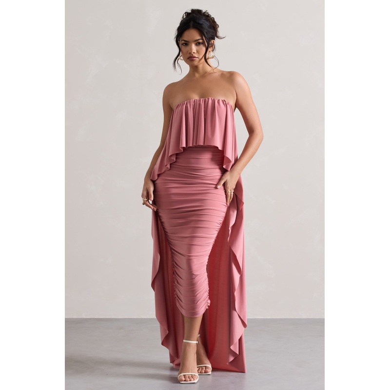 Upon A Time | Blush Ruched Bandeau Midi Dress With Cape
