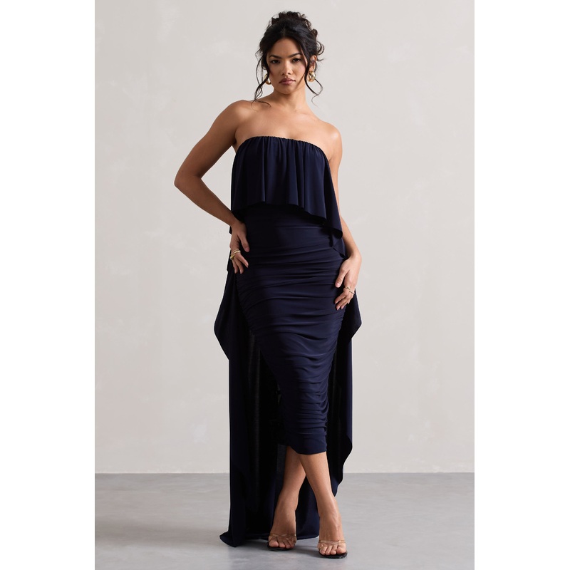 Upon A Time | Navy Ruched Bandeau Midi Dress With Cape