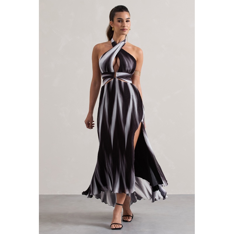 Ushuaia | Black Print Halter-Neck Cut-Out Split Maxi Dress