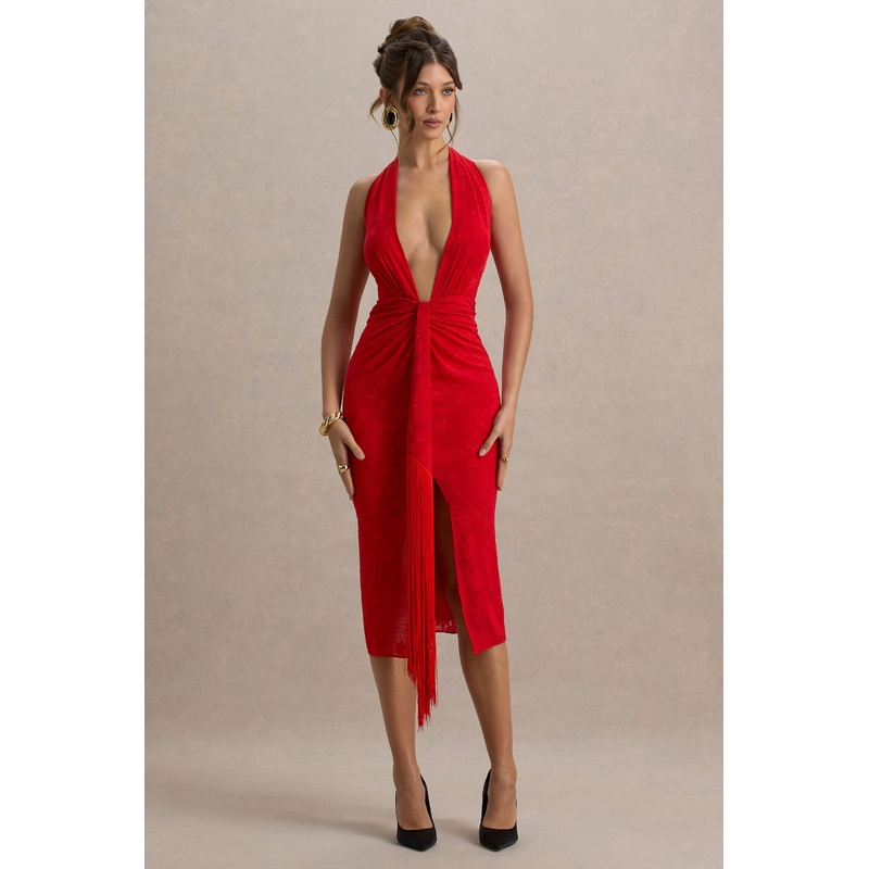 Auria | Red Satin Plunge-Neck Midi Dress With Fringe Details