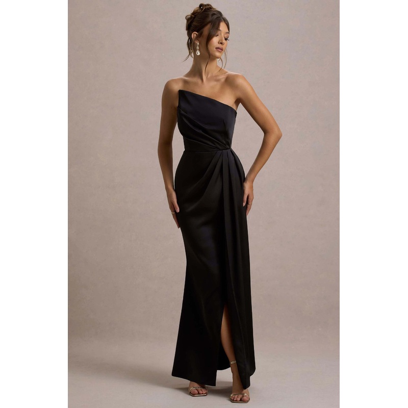 Cairo | Black Satin Strapless Draped Maxi Dress