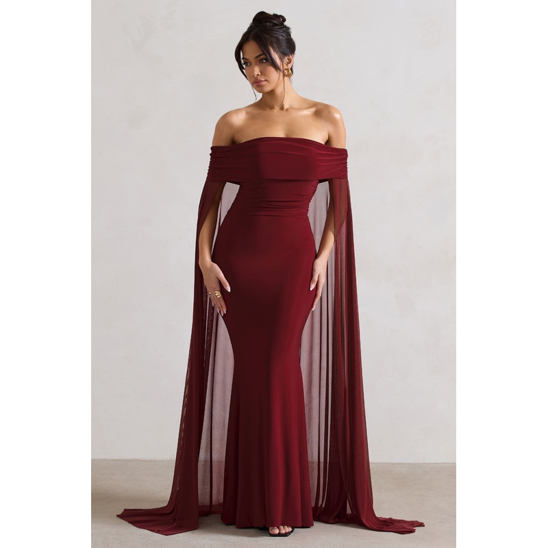 Carlotta | Berry Bardot Maxi Dress With Chiffon Cape