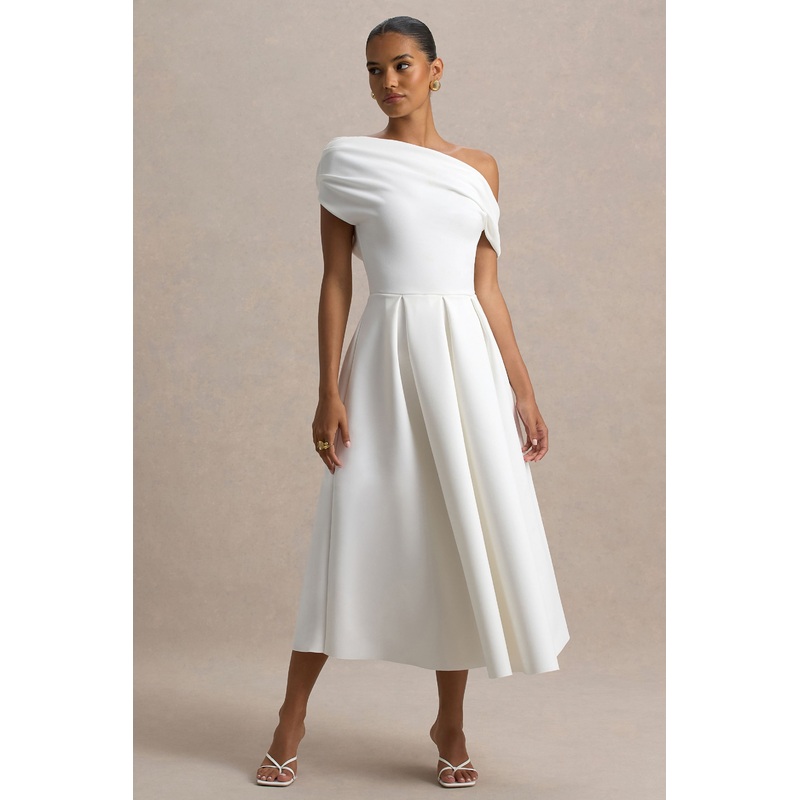 Demi | White Asymmetric-Neck Midi Dress