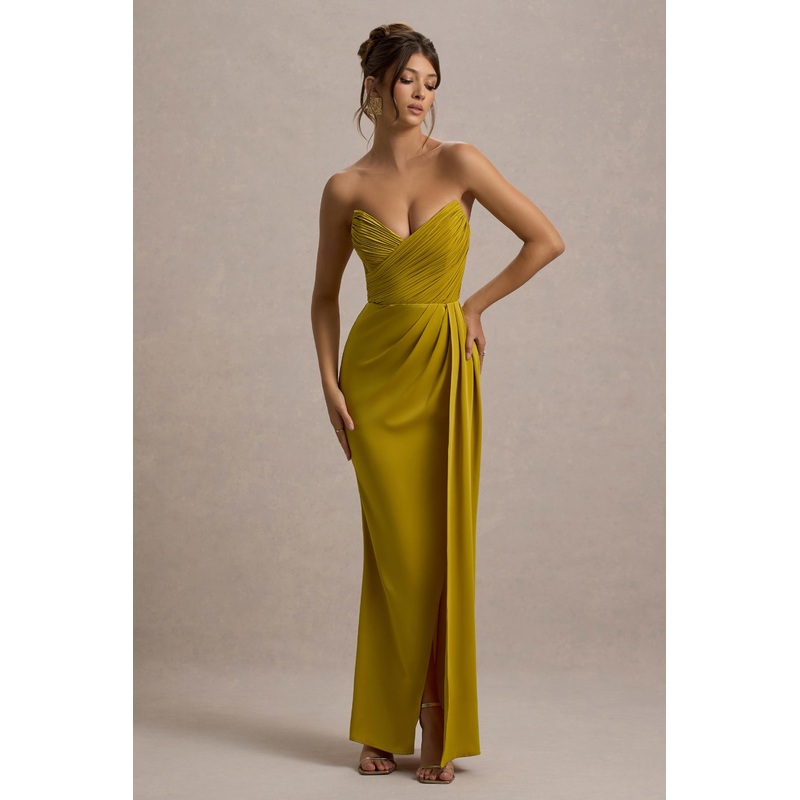 Edel | Mustard Satin Strapless Maxi Dress With Drape