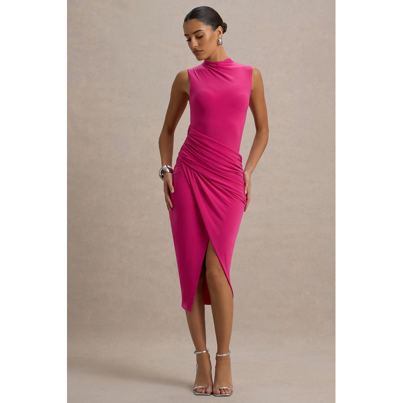 Estella | Hot Pink Midi Dress With Drape Skirt