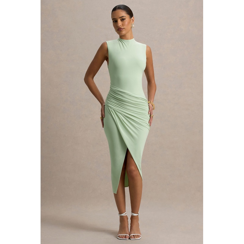 Estella | Light Green Midi Dress With Drape Skirt