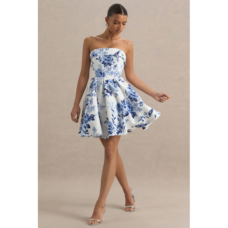 Fiorenza | Blue Porcelain Print Bandeau Mini Dress With Volume Skirt