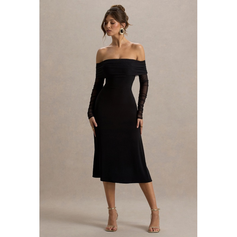 Flatter Me | Black Bardot Midi Dress With Mesh Sleeves