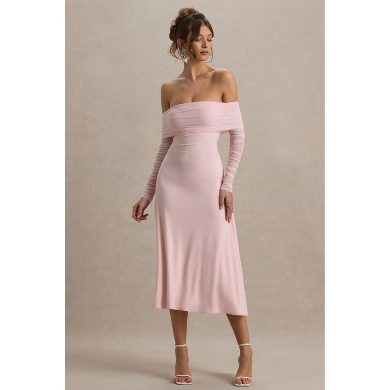 Flatter Me | Light Pink Bardot Midi Dress With Mesh Sleeves