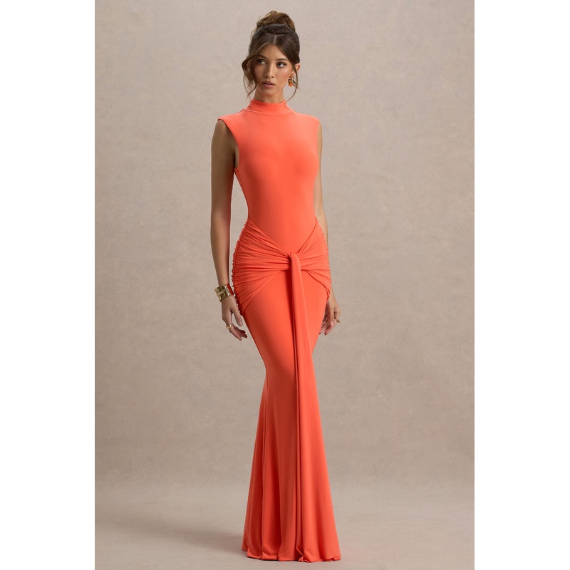 Graziana | Coral High-Neck Gathered Draped Maxi Dress
