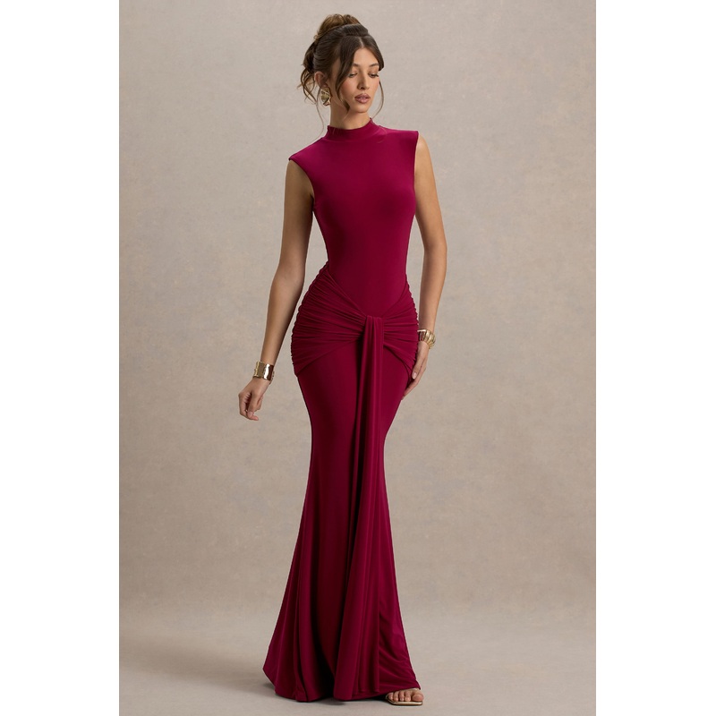 Graziana | Dark Cherry High-Neck Gathered Draped Maxi Dress