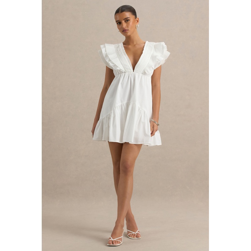 Judie | White Poplin V-Neck Ruffled Mini Dress