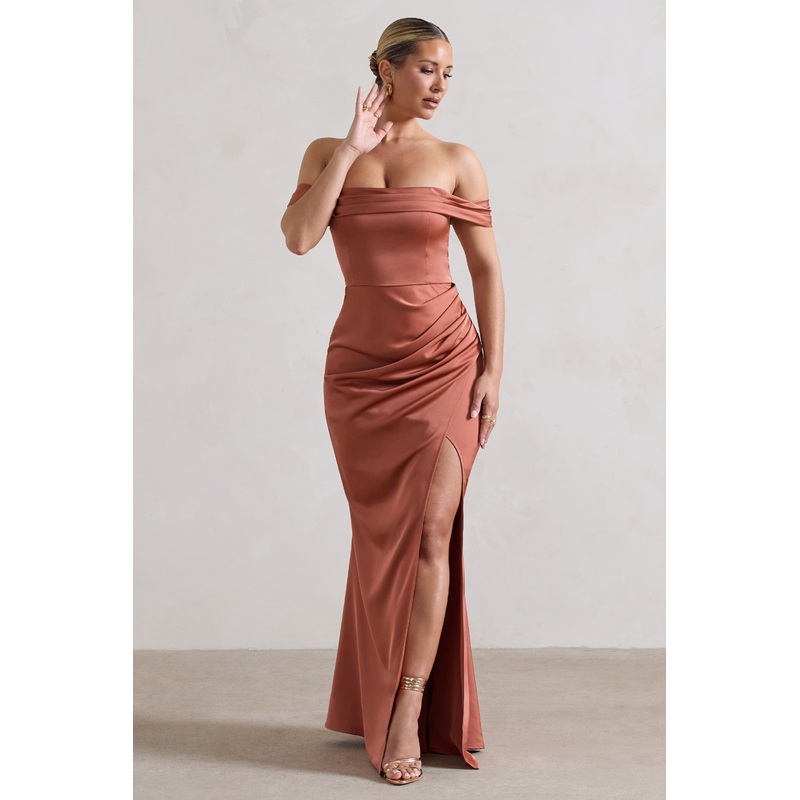 Katia | Rust Satin Bardot Maxi Dress