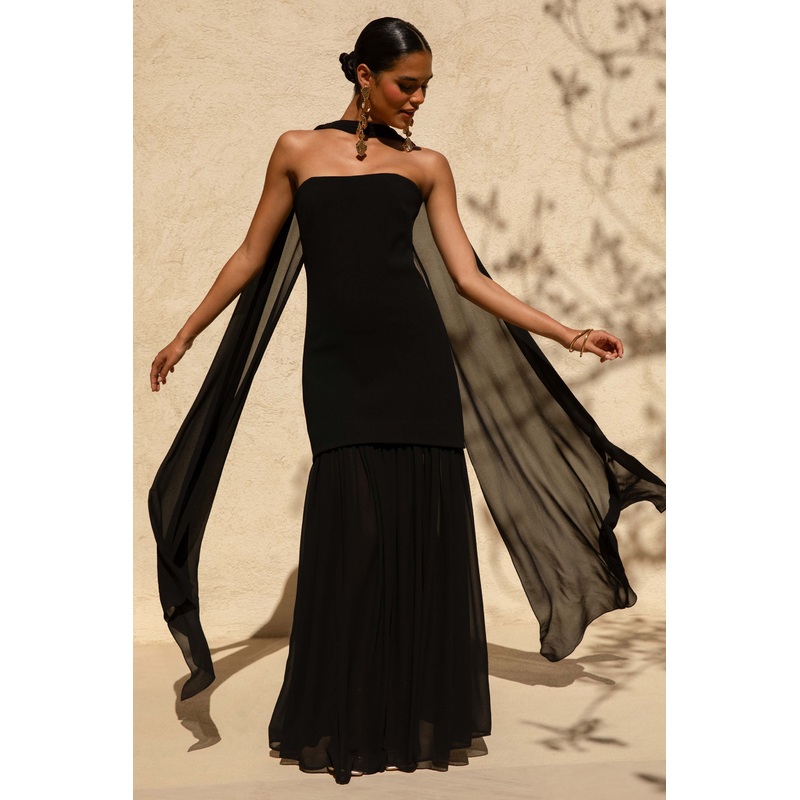 Kylie | Black High-Neck Maxi Dress With Chiffon Skirt