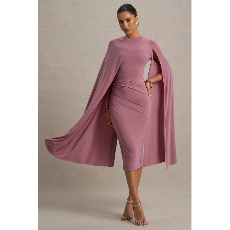 Marysol | Dusky Rose Asymmetric Cape Midi Dress