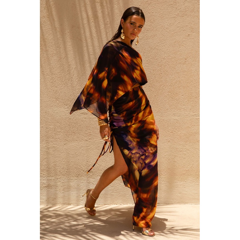 Nadine | Smoke Print Asymmetric Maxi Skirt With Split