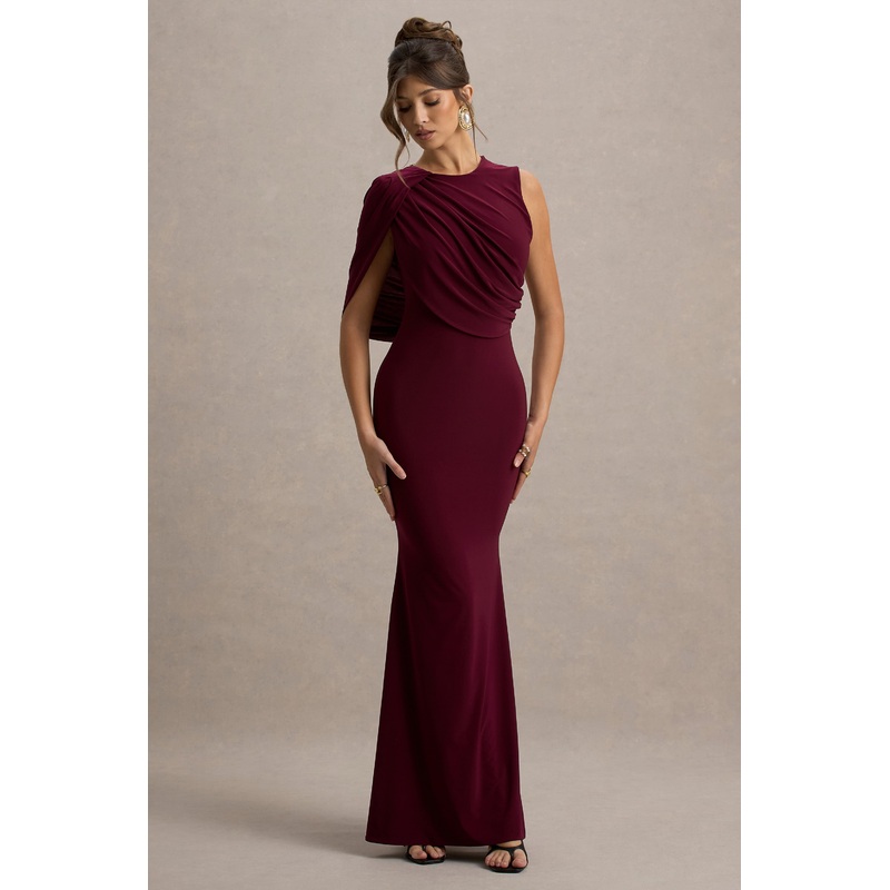 Rae | Burgundy Maxi Dress With One-Sleeve Cape