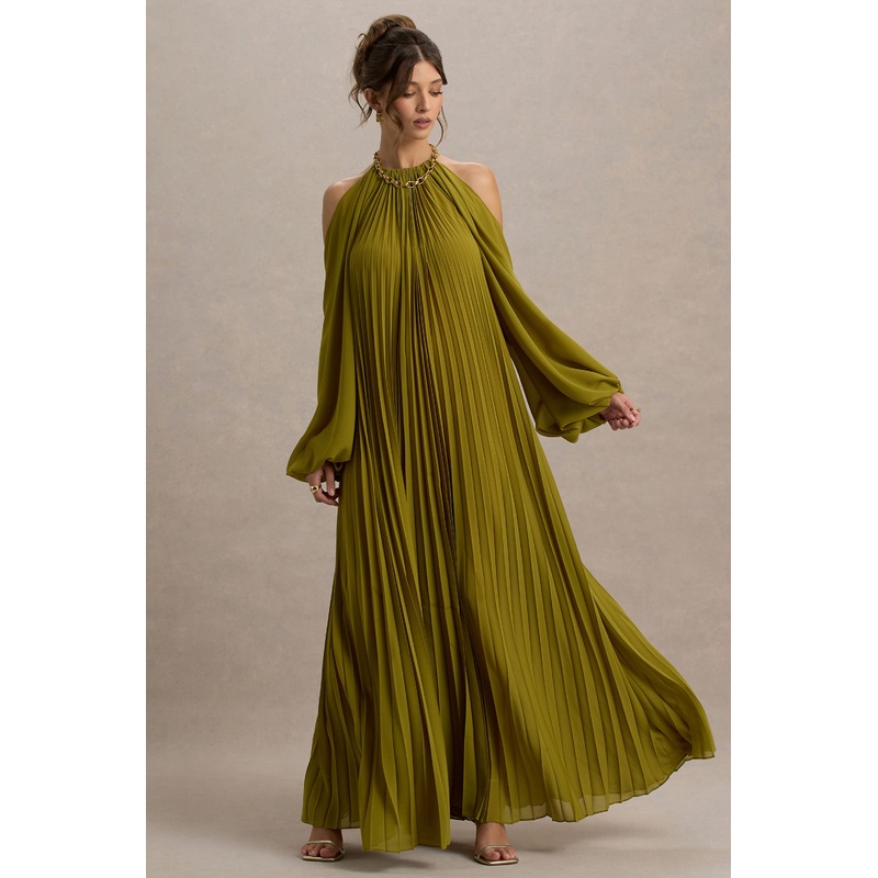 Reyna | Olive Pleated Chiffon Cold-Shoulder Maxi Dress